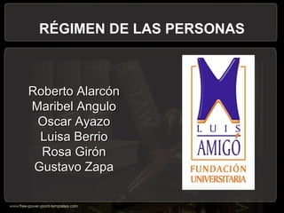 RÉGIMEN DE LAS PERSONAS
Roberto AlarcónRoberto Alarcón
Maribel AnguloMaribel Angulo
Oscar AyazoOscar Ayazo
Luisa BerrioLuisa Berrio
Rosa GirónRosa Girón
Gustavo ZapaGustavo Zapa
 