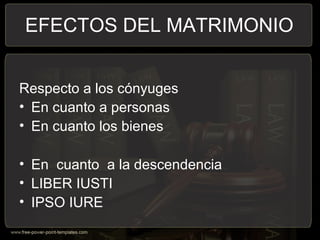 EFECTOS DEL MATRIMONIO
Respecto a los cónyuges
• En cuanto a personas
• En cuanto los bienes
• En cuanto a la descendencia
• LIBER IUSTI
• IPSO IURE
 
