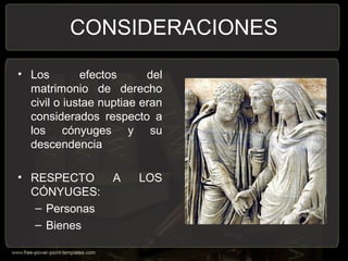 CONSIDERACIONES
• Los efectos del
matrimonio de derecho
civil o iustae nuptiae eran
considerados respecto a
los cónyuges y su
descendencia
• RESPECTO A LOS
CÓNYUGES:
– Personas
– Bienes
 