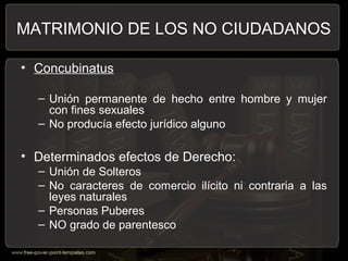 • Concubinatus
– Unión permanente de hecho entre hombre y mujer
con fines sexuales
– No producía efecto jurídico alguno
• Determinados efectos de Derecho:
– Unión de Solteros
– No caracteres de comercio ilícito ni contraria a las
leyes naturales
– Personas Puberes
– NO grado de parentesco
MATRIMONIO DE LOS NO CIUDADANOS
 