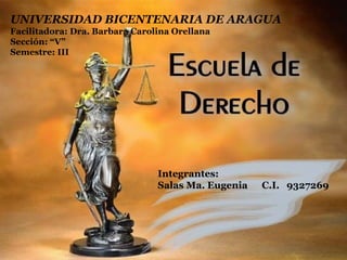 UNIVERSIDAD BICENTENARIA DE ARAGUA
Facilitadora: Dra. Barbara Carolina Orellana
Sección: “V”
Semestre: III
Integrantes:
Salas Ma. Eugenia C.I. 9327269
 