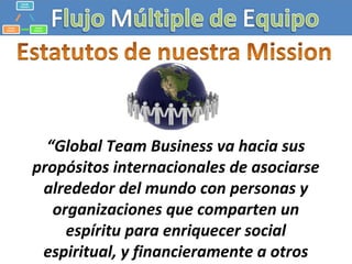 “ Global Team Business va hacia sus propósitos internacionales de asociarse alrededor del mundo con personas y organizaciones que comparten un espíritu para enriquecer social espiritual, y financieramente a otros 