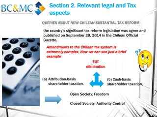 Section 2. Relevant legal and Tax
aspects
the country’s significant tax reform legislation was agree and
published on September 29, 2014 in the Chilean Official
Gazette.
Open Society: Freedom
Closed Society: Authority Control
QUERIES ABOUT NEW CHILEAN SUBTANTIAL TAX REFORM
Amendments to the Chilean tax system is
extremely complex. Now we can see just a brief
example
FUT
elimination
(b) Cash-basis
shareholder taxation.
(a) Attribution-basis
shareholder taxation.
 