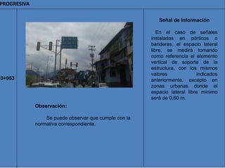 PROGRESIVA
Señal de Información
En el caso de señales
instaladas en pórticos o
banderas, el espacio lateral
libre, se medirá tomando
como referencia el elemento
vertical de soporte de la
estructura, con los mismos
valores indicados
anteriormente, excepto en
zonas urbanas donde el
espacio lateral libre mínimo
será de 0,60 m.
0+953
Observación:
Se puede observar que cumple con la
normativa correspondiente.
 