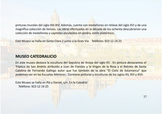 pinturas murales del siglo XIII-XIV. Además, cuenta con medallones en relieve del siglo XVI y de una
magnífica colección de lienzos. Las obras efectuadas en la década de los ochenta descubrieron una
colección de medallones y capiteles esculpidos en piedra, estilo plateresco.
Este Museo se halla en Santa Clara 2 junto a la Gran Vía Teléfono: 923 12 14 25
MUSEO CATEDRALICIO
En este museo destaca la escultura del Sepulcro de Anaya del siglo XV . En pintura destacamos el
Tríptico de San Andrés atribuido a Juan de Flandes y la Virgen de la Rosa y el Retrato de Santa
Catalina de Fernando Gallego autor que fue también de la obra “El Cielo de Salamanca” que
podemos ver en las Escuelas Menores . Contiene pinturas y esculturas de los siglos XV, XVI y XVII.
Este Museo se halla en Plá y Daniel, s/n. En la Catedral
Teléfono: 923 12 14 25
37
 