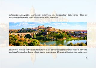 dehesas de encina y robles en el centro y oeste frente a las sierras del sur –Gata, Francia y Béjar- se
cubren de coníferas y de tupidos bosques de robles y castaños.
Las amplias llanuras centrales se interrumpen al sur por varias cadenas montañosas y al noroeste
por los cañones del río Duero; ello da lugar a una marcada diferencia altitudinal, que oscila entre
6
 