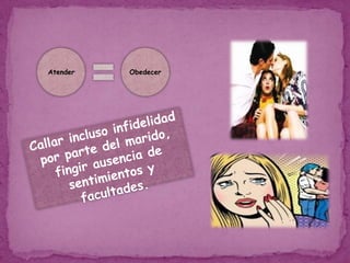 Callar incluso infidelidad por parte del marido, fingir ausencia de sentimientos y facultades.