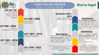 Marco legal
Código Penal
Colombiano
LEY 599 / 2000
LEY 1407 / 2010
LEY 62 / 93
LEY 906 / 2004
LEY 1801 / 2016
Código Penal Militar
Por la cual se
expiden normas
sobre la Policía
Nacional
Código de
Procedimiento Penal
Código Nacional de
Seguridad y Convivencia
Ciudadana
Reglamentario del sector
administrativo de Defensa
DECRETO 1070 /
2015
LEY 2196 / 2022
“Estatuto Disciplinario Policial”
CONSTITUCIÓN PÓLITICA
Art: 2, 6, 11, 29, 91, 218, 250
SENTENCIA
Concejo de Estado, radicación
760012331000200701298 01, del
doce (12) de junio de dos mil
diecisiete (2017) Consejero
Ponente:
HERNÁN ANDRADE RINCÓN
Establece como únicas
circunstancias admisibles para el
uso de la fuerza; la adopción de
todas las medidas posibles para
reducir al mínimo los daños
causados
Consejo de estado, Radicación: 05001-
23-31-000-2000-4596-01 (29882), del
veintinueve (29) de mayo de dos mil
catorce (2014) Consejero Ponente:
RAMIRO PAZOS GUERRERO
SENTENCIA
Establece desarrolla como limitantes al uso
de la fuerza los principios de:
excepcionalidad, proporcionalidad y
racionalidad
C.E. Nro. 28408 del 17/03/2011 Las
armas de fuego no se pueden utilizar
contra personas que huyen de la
autoridad valiéndose de sí mismas o
utilizando vehículos, sólo cuando se
dispare para proteger la huida.
Sentencia
SENTENCIA
 