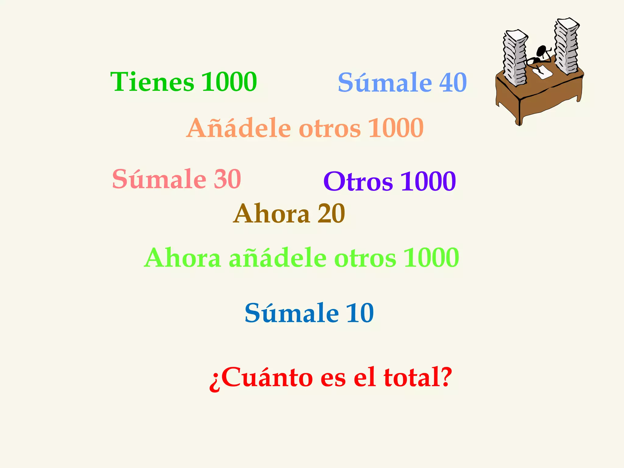 Tienes 1000 Súmale 40 
Añádele otros 1000 
Súmale 30 Otros 1000 
Ahora 20 
Ahora añádele otros 1000 
Súmale 10 
¿Cuánto es el total? 
 