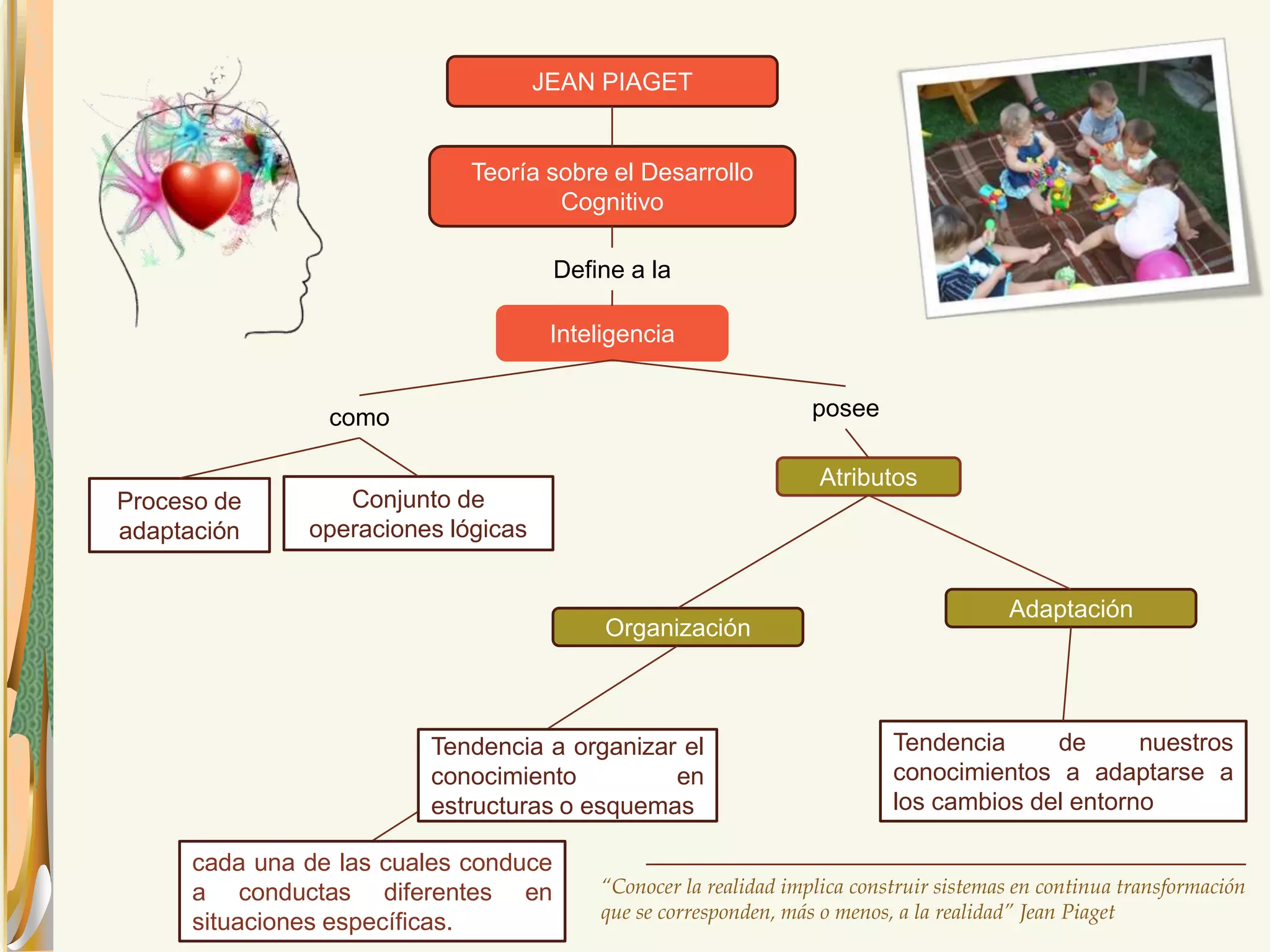 JEAN PIAGET 
Teoría sobre el Desarrollo 
Cognitivo 
Proceso de 
adaptación 
Define a la 
Inteligencia 
Tendencia a organizar el 
conocimiento en 
estructuras o esquemas 
“Conocer la realidad implica construir sistemas en continua transformación 
que se corresponden, más o menos, a la realidad” Jean Piaget 
como 
Conjunto de 
operaciones lógicas 
posee 
Atributos 
Organización 
Adaptación 
Tendencia de nuestros 
conocimientos a adaptarse a 
los cambios del entorno 
cada una de las cuales conduce 
a conductas diferentes en 
situaciones específicas. 
 