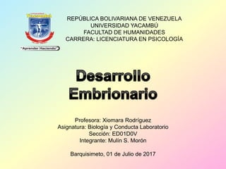 REPÚBLICA BOLIVARIANA DE VENEZUELA
UNIVERSIDAD YACAMBÚ
FACULTAD DE HUMANIDADES
CARRERA: LICENCIATURA EN PSICOLOGÍA
Profesora: Xiomara Rodríguez
Asignatura: Biología y Conducta Laboratorio
Sección: ED01D0V
Integrante: Mulín S. Morón
Barquisimeto, 01 de Julio de 2017
 