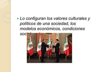  Lo configuran los valores culturales y
políticos de una sociedad, los
modelos económicos, condiciones
sociales etc.
 