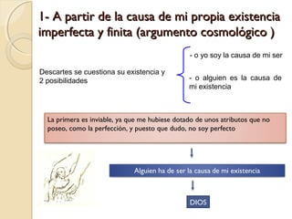 1- A partir de la causa de mi propia existencia1- A partir de la causa de mi propia existencia
imperfecta y finita (argumento cosmológico )imperfecta y finita (argumento cosmológico )
Descartes se cuestiona su existencia y
2 posibilidades
- o yo soy la causa de mi ser
- o alguien es la causa de
mi existencia
La primera es inviable, ya que me hubiese dotado de unos atributos que no
poseo, como la perfección, y puesto que dudo, no soy perfecto
DIOS
 
