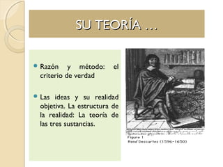 SU TEORÍA …SU TEORÍA …
 Razón y método: el
criterio de verdad
 Las ideas y su realidad
objetiva. La estructura de
la realidad: La teoría de
las tres sustancias.
 