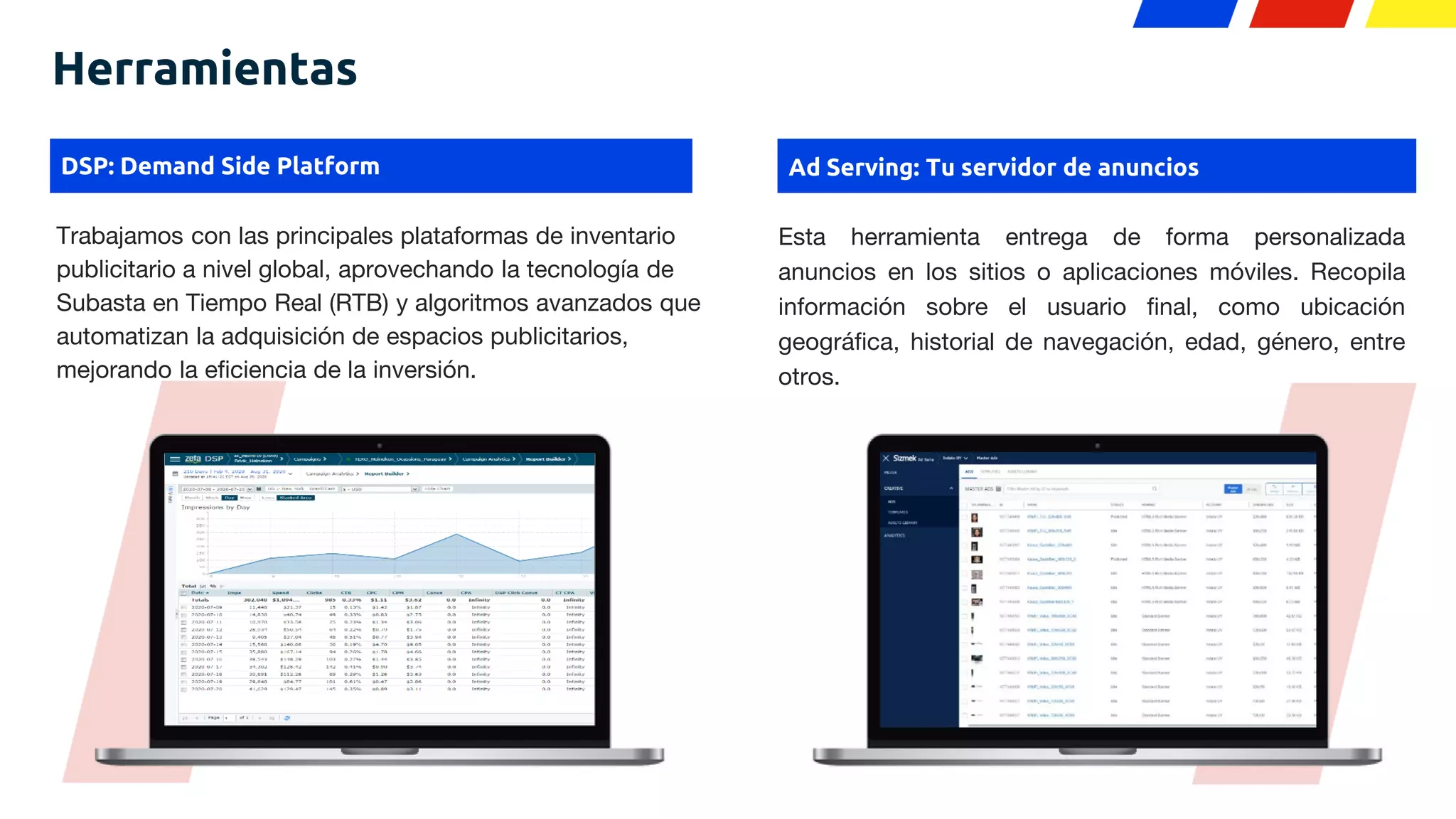 Herramientas
DSP: Demand Side Platform Ad Serving: Tu servidor de anuncios
Trabajamos con las principales plataformas de inventario
publicitario a nivel global, aprovechando la tecnología de
Subasta en Tiempo Real (RTB) y algoritmos avanzados que
automatizan la adquisición de espacios publicitarios,
mejorando la eficiencia de la inversión.
Esta herramienta entrega de forma personalizada
anuncios en los sitios o aplicaciones móviles. Recopila
información sobre el usuario final, como ubicación
geográfica, historial de navegación, edad, género, entre
otros.
 