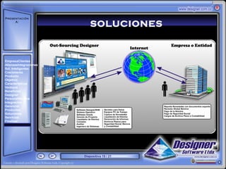 Presentación
     A:
                            SOLUCIONES
       ‘




EmpresaClientes
AlianzasIntegraciones
Sol. Inteligentes
Crecimiento
Producto
Objetivo
Características
Ventajas
Beneficios
Designer
PersonalNómina
Integración
Gerencial
Productos
Soluciones
Servicios
Finalizar




                        Diapositiva 19 / 21
 