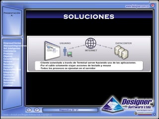 Presentación
     A:
                            SOLUCIONES
       ‘




EmpresaClientes
AlianzasIntegraciones
Sol. Inteligentes
Crecimiento
Producto
Objetivo
Características
Ventajas
Beneficios
Designer
PersonalNómina
Integración
Gerencial
Productos
Soluciones
Servicios
Finalizar




                        Diapositiva 20 / 21
 