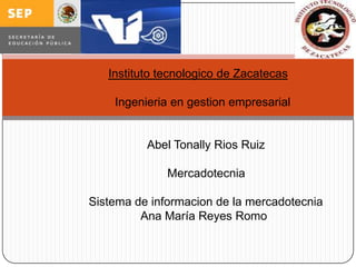 Instituto tecnologico de Zacatecas
Ingenieria en gestion empresarial

Abel Tonally Rios Ruiz
Mercadotecnia
Sistema de informacion de la mercadotecnia
Ana María Reyes Romo

 