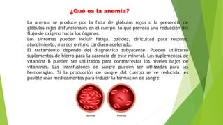 La anemia se produce por la falta de glóbulos rojos o la presencia de
glóbulos rojos disfuncionales en el cuerpo, lo que provoca una reducción del
flujo de oxígeno hacia los órganos.
Los síntomas pueden incluir fatiga, palidez, dificultad para respirar,
aturdimiento, mareos o ritmo cardíaco acelerado.
El tratamiento depende del diagnóstico subyacente. Pueden utilizarse
suplementos de hierro para la carencia de este mineral. Los suplementos de
vitamina B pueden ser utilizados para contrarrestar los niveles bajos de
vitaminas. Las transfusiones de sangre pueden ser utilizadas para las
hemorragias. Si la producción de sangre del cuerpo se ve reducida, es
posible usar medicamentos para inducir la formación de sangre.
¿Qué es la anemia?
 