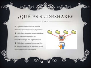  Aplicación web donde se pueden
almacenar presentaciones de diapositivas
 Slideshare comparte presentaciones se
puede dar una conferencia sin
necesidades cargar con la presentación
 Slideshare convierte la presentación
en flash haciendo que se puede ver desde
cualquier maquina con internet
¿QUÉ ES SLIDESHARE?
 