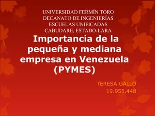 UNIVERSIDAD FERMÍN TORO
DECANATO DE INGENIERÍAS
ESCUELAS UNIFICADAS
CABUDARE, ESTADO-LARA

 Importancia de la 
pequeña y mediana 
empresa en Venezuela
(PYMES)
TERESA GALLO
19.955.448

 