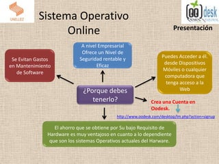 Sistema Operativo
Online Presentación
¿Porque debes
tenerlo?
El ahorro que se obtiene por Su bajo Requisito de
Hardware es muy ventajoso en cuanto a lo dependiente
que son los sistemas Operativos actuales del Harware.
Se Evitan Gastos
en Mantenimiento
de Software
Puedes Acceder a él.
desde Dispositivos
Móviles o cualquier
computadora que
tenga acceso a la
Web
A nivel Empresarial
Ofrece un Nivel de
Seguridad rentable y
Eficaz
Crea una Cuenta en
Oodesk.
http://www.oodesk.com/desktop/lm.php?action=signup
 