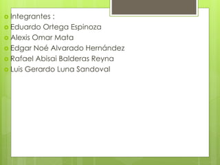 Integrantes :
 Eduardo Ortega Espinoza
 Alexis Omar Mata
 Edgar Noé Alvarado Hernández
 Rafael Abisai Balderas Reyna
 Luis Gerardo Luna Sandoval
 