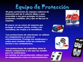•El peto: protección de espuma cubierta de
imitación piel de 2 colores (Rojo o azul,
reversible o no) para proteger el tronco
(esternón, costillas, etc.) que se fija por la
espalda.

El casco: es un casco de espuma que
protege el cráneo (atrás, arriba y los
costados), las orejas y la mandíbula.

•Las protecciones de ante-brazo: se utilizan
en competencia y a veces en
entrenamientos. Protege los antebrazos y
codos pero también evita los contactos
fuertes a los combatientes.

•Las protecciones de espinillas: tiene la
misma composición y uso que las usadas
para los antebrazos.
La concha: es una protección valiosa tanto
en competencia como en entrenamientos.
 