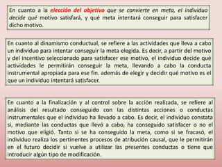 En cuanto a la elección del objetivo que se convierte en meta, el individuo
decide qué motivo satisfará, y qué meta intentará conseguir para satisfacer
dicho motivo.
En cuanto al dinamismo conductual, se refiere a las actividades que lleva a cabo
un individuo para intentar conseguir la meta elegida. Es decir, a partir del motivo
y del incentivo seleccionado para satisfacer ese motivo, el individuo decide qué
actividades le permitirán conseguir la meta, llevando a cabo la conducta
instrumental apropiada para ese fin. además de elegir y decidir qué motivo es el
que un individuo intentará satisfacer.
En cuanto a la finalización y al control sobre la acción realizada, se refiere al
análisis del resultado conseguido con las distintas acciones o conductas
instrumentales que el individuo ha llevado a cabo. Es decir, el individuo constata
si, mediante las conductas que llevó a cabo, ha conseguido satisfacer o no el
motivo que eligió. Tanto si se ha conseguido la meta, como si se fracasó, el
individuo realiza los pertinentes procesos de atribución causal, que le permitirán
en el futuro decidir si vuelve a utilizar las presentes conductas o tiene que
introducir algún tipo de modificación.
 