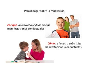 Para indagar sobre la Motivación:
Por qué un individuo exhibe ciertas
manifestaciones conductuales
Cómo se llevan a cabo tales
manifestaciones conductuales
 