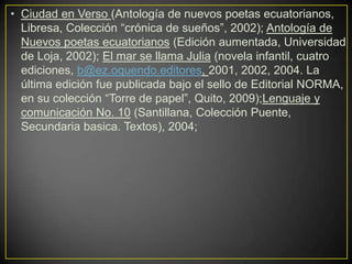• Ciudad en Verso (Antología de nuevos poetas ecuatorianos,
  Libresa, Colección “crónica de sueños”, 2002); Antología de
  Nuevos poetas ecuatorianos (Edición aumentada, Universidad
  de Loja, 2002); El mar se llama Julia (novela infantil, cuatro
  ediciones, b@ez.oquendo.editores, 2001, 2002, 2004. La
  última edición fue publicada bajo el sello de Editorial NORMA,
  en su colección “Torre de papel”, Quito, 2009);Lenguaje y
  comunicación No. 10 (Santillana, Colección Puente,
  Secundaria basica. Textos), 2004;
 