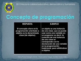 2012 Hacia la calidad educativa, democrática y humanista




        RESPUESTA                              EJEMPLO

 El concepto clave en la           un objeto es una instancia
programación orientada a           de una clase, que se puede
objetos es la denominada           usar como una variable en
    clase (de objetos).            un programa; es decir, la
                                   creación de una instancia
                                   de una clase se
                                   corresponde con la
                                   declaración de una variable
                                   en la programación
                                   tradicional, pero refiriéndose
                                   a objetos


  Yenny Paola Malagón Infante Paula Lorena Vargas Cubillos Curso: 1104
 