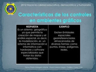 2012 Hacia la calidad educativa, democrática y humanista




           RESPUESTA                           EJEMPLO
Es un sistema geográfico
      ya que permite la                 Existen Entidades
 creación de mapas y el                     espaciales
análisis espacial, es decir,           georreferenciadas
  la modelización, es un                almacenadas de
sistema de información e             diversas formas: como
       informático con              puntos, líneas, polígonos,
    hardware y software                        redes.
     especializados que
        tratan los datos
           obtenidos.


       Yenny Paola Malagón Infante Paula Lorena Vargas Cubillos Curso: 1104
 