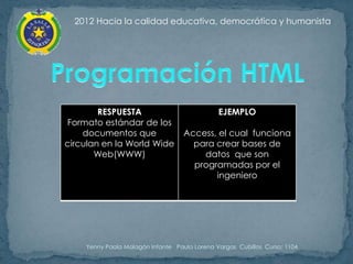 2012 Hacia la calidad educativa, democrática y humanista




        RESPUESTA                             EJEMPLO
Formato estándar de los
    documentos que                 Access, el cual funciona
circulan en la World Wide            para crear bases de
       Web(WWW)                        datos que son
                                     programadas por el
                                          ingeniero




    Yenny Paola Malagón Infante Paula Lorena Vargas Cubillos Curso: 1104
 