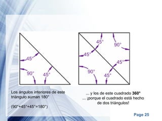 Los ángulos interiores de este triángulo suman 180°  (90°+45°+45°=180°)  ... y los de este cuadrado  360° ... ¡porque el cuadrado está hecho de dos triángulos! 