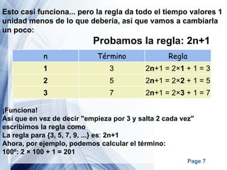 Esto casi funciona... pero la regla da todo el tiempo valores 1 unidad menos de lo que debería, así que vamos a cambiarla un poco: Probamos la regla: 2n+1 ¡Funciona! Así que en vez de decir "empieza por 3 y salta 2 cada vez" escribimos la regla como La regla para {3, 5, 7, 9, ...} es :  2n+1 Ahora, por ejemplo, podemos calcular el término:  100º: 2 × 100 + 1 = 201 n Término Regla 1 3 2 n +1 = 2× 1  + 1 = 3 2 5 2 n +1 = 2× 2  + 1 = 5 3 7 2 n +1 = 2× 3  + 1 = 7 