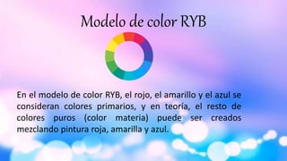 Modelo de color RYB
En el modelo de color RYB, el rojo, el amarillo y el azul se
consideran colores primarios, y en teoría, el resto de
colores puros (color materia) puede ser creados
mezclando pintura roja, amarilla y azul.
 