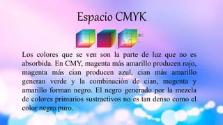 Espacio CMYK
Los colores que se ven son la parte de luz que no es
absorbida. En CMY, magenta más amarillo producen rojo,
magenta más cian producen azul, cian más amarillo
generan verde y la combinación de cian, magenta y
amarillo forman negro. El negro generado por la mezcla
de colores primarios sustractivos no es tan denso como el
color negro puro.
 