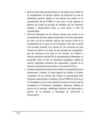 15
 Nivel de desempeño general basado en los factores que inciden en
la competitividad. El segundo objetivo fue determinar el nivel de
desempeño general, basado en los factores que inciden en la
competitividad de las PYMES en esta zona. A este respecto se
observó por medio de pruebas de hipótesis que las empresas
(Hoteles y Restaurantes) tienen un nivel menor al 70% de
competitividad.
 Nivel de desempeño de los factores internos que inciden en la
competitividad. El tercer objetivo diagnosticó el nivel de desempeño
de cada uno de los factores internos que parecen incidir en la
competitividad en la zona sur de Tamaulipas. Para ello se aplicó
una encuesta tomando una muestra de cien empresas de esta
manera se observó a lo largo de este proyecto de investigación,
que las empresas de la zona sur de Tampico, Cd. Madero y
Altamira presentan más del 70% en competitividad de Marketing, un
porcentaje menor al 70% en planeación estratégica, calidad de
servicio, habilidades directivas del responsable o gerente de la
empresa y tecnología de información y comunicación (TIC´s).
 Análisis comparativo de factores que afectan la competitividad entre
restaurantes y hoteles. El cuarto objetivo fue realizar un análisis
comparativo de los factores que afectan la competitividad entre
empresas restauranteras y hoteleras, de las PYMES en la zona sur
de Tamaulipas, por lo cual se observó que tienen el mismo nivel de
competencia en Planeación Estratégica, Marketing, Calidad de
servicio en la empresa, Habilidades directivas del responsable o
gerente de la empresa y Tecnología de Información y
Comunicación.
 