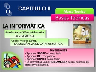Alcalde y García (1994). La Informática : Es una Ciencia  Cabero y otros (2003). LA ENSEÑANZA DE LA INFORMÁTICA.  DIMENSIONES: Aprender  SOBRE  el computador Aprender  DEL  computador Aprender  CON EL  computador La informática Como  HERRAMIENTA  para el beneficio del profesor y del alumno.   CAPITULO II 