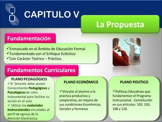 Enmarcado en el Ámbito de Educación Formal Fundamentado con el Enfoque Ecléctico Con Carácter Teórico – Práctico. PLANO ECONÓMICO Vincular al alumno a la practica productiva y cooperativa, en mejora de sus condiciones Económicas, Sociales y Humanas PLANO POLÍTICO Políticas Educativas que fundamentan el Programa Instruccional . Constitución  en sus artículos: 102, 103, 108 y 110.  CAPITULO V 