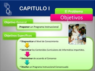 CAPITULO I Objetivo General Proponer  un Programa Instruccional Objetivos Específicos Diagnosticar  el Nivel de Conocimiento Identificar  los Contenidos Curriculares de Informática impartidos.   Determinar  de acuerdo al Consenso   Diseñar  un Programa Instruccional Consensuado 
