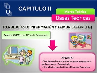 Celeste, (2007):  Las TIC en la Educación. CAPITULO II APORTA: Las Herramientas necesarias para  los procesos de Ensenanza - Aprendizaje. Los Medios que facilitan el Proceso Educativo 