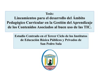 Tesis:
Lineamientos para el desarrollo del Ámbito
Pedagógico Curricular en la Gestión del Aprendizaje
de los Contenidos Asociados al buen uso de las TIC.
Estudio Centrado en el Tercer Ciclo de los Institutos
de Educación Básica Públicos y Privados de
San Pedro Sula
 