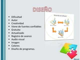  Dificultad
 Autor
 Creatividad
 Viene de fuentes confiables
 Gratuito
 Actualizado
 Registro de avance
 Audio visual
 Imagen
 Colores
 Diseño de programas.
 