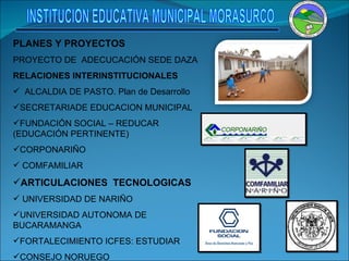 PLANES Y PROYECTOS   PROYECTO DE  ADECUCACIÓN SEDE DAZA  RELACIONES INTERINSTITUCIONALES ALCALDIA DE PASTO. Plan de Desarrollo SECRETARIADE EDUCACION MUNICIPAL FUNDACIÓN SOCIAL – REDUCAR (EDUCACIÓN PERTINENTE) CORPONARIÑO COMFAMILIAR  ARTICULACIONES  TECNOLOGICAS UNIVERSIDAD DE NARIÑO UNIVERSIDAD AUTONOMA DE BUCARAMANGA FORTALECIMIENTO ICFES: ESTUDIAR  CONSEJO NORUEGO   INSTITUCION EDUCATIVA MUNICIPAL MORASURCO 