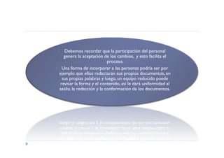 Debemos recordar que la participación del personal
  genera la aceptación de los cambios, y esto facilita el
                           proceso.
 Una forma de incorporar a las personas podría ser por
ejemplo que ellos redactaran sus propios documentos, en
 sus propias palabras y luego, un equipo reducido puede
revisar la forma y el contenido, así le dará uniformidad al
estilo, la redacción y la conformación de los documentos.
 