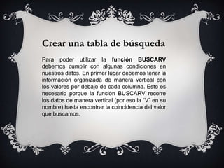 Crear una tabla de búsqueda
Para poder utilizar la función BUSCARV
debemos cumplir con algunas condiciones en
nuestros datos. En primer lugar debemos tener la
información organizada de manera vertical con
los valores por debajo de cada columna. Esto es
necesario porque la función BUSCARV recorre
los datos de manera vertical (por eso la “V” en su
nombre) hasta encontrar la coincidencia del valor
que buscamos.
 