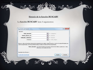 Sintaxis de la función BUSCARV
La función BUSCARV tiene 4 argumentos:
Sintaxis de la función BUSCARV
La función BUSCARV tiene 4 argumentos:
 