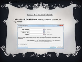 Sintaxis de la función BUSCARH
La función BUSCARH tiene tres argumentos que son los siguientes:
Sintaxis de la función BUSCARH
La función BUSCARH tiene tres argumentos que son los
siguientes:
 